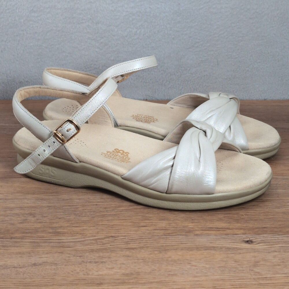 SAS Women's 8 Wide Twist Open Toe Block Heel Sandals Beige Leather Ankle Strap
